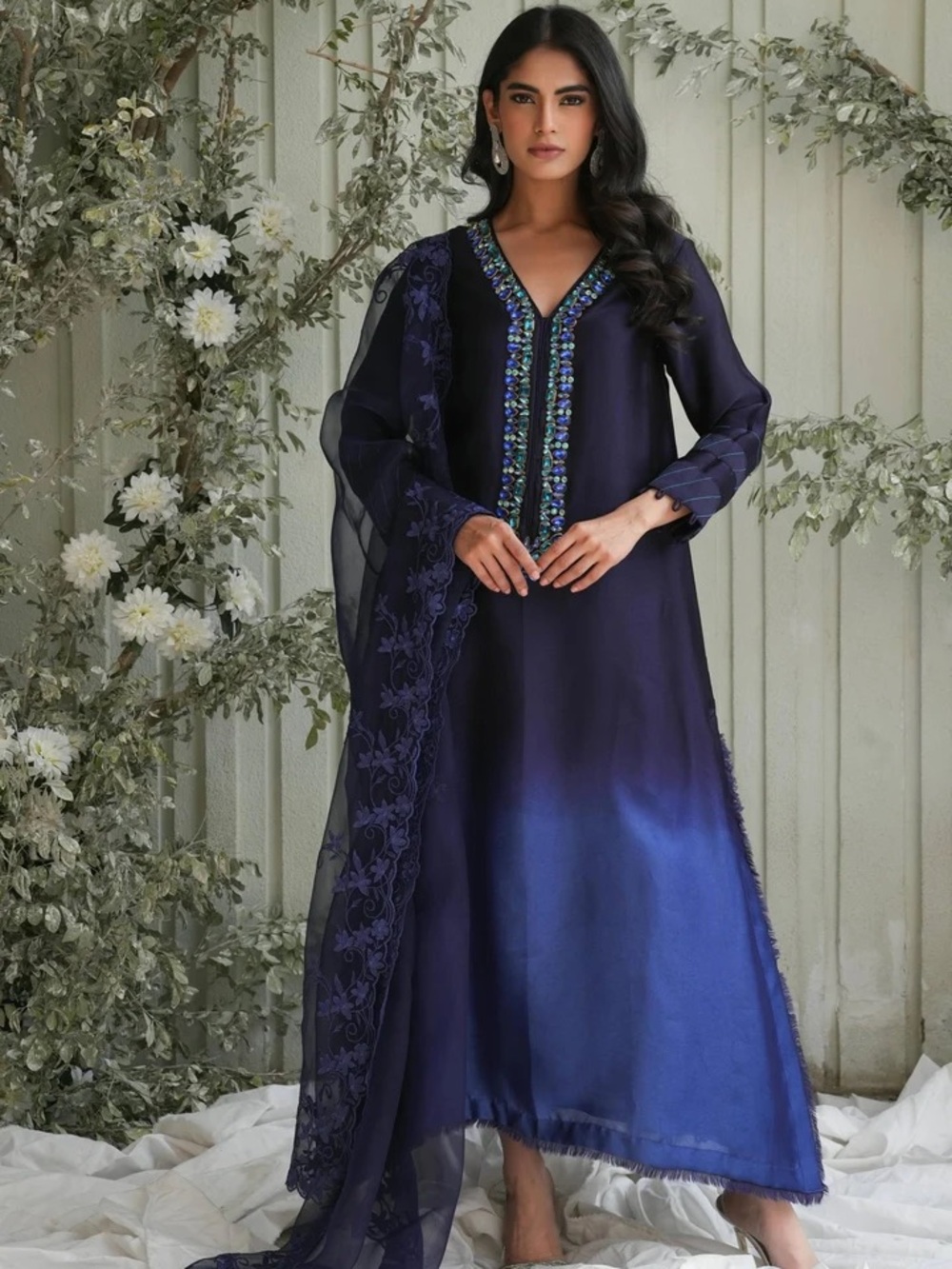 Embellished Ombre Maxi Dress in Navy and Royal Blue